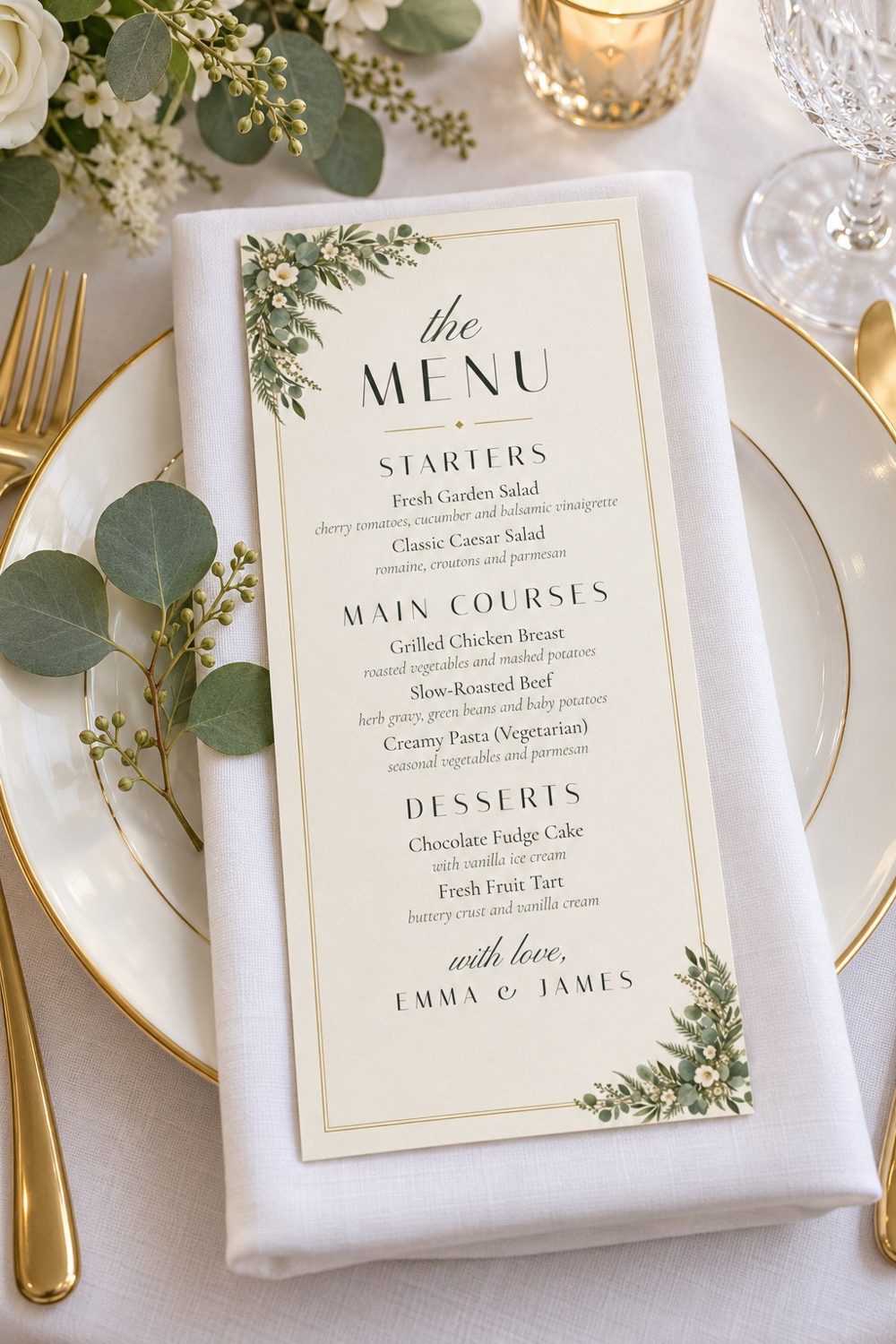 Dinner menu on a place setting