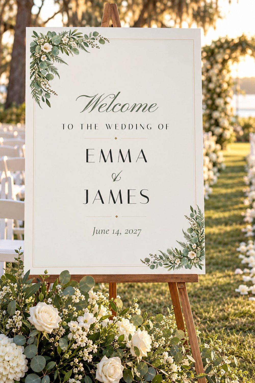 Greenery welcome sign on an easel at a wedding entrance